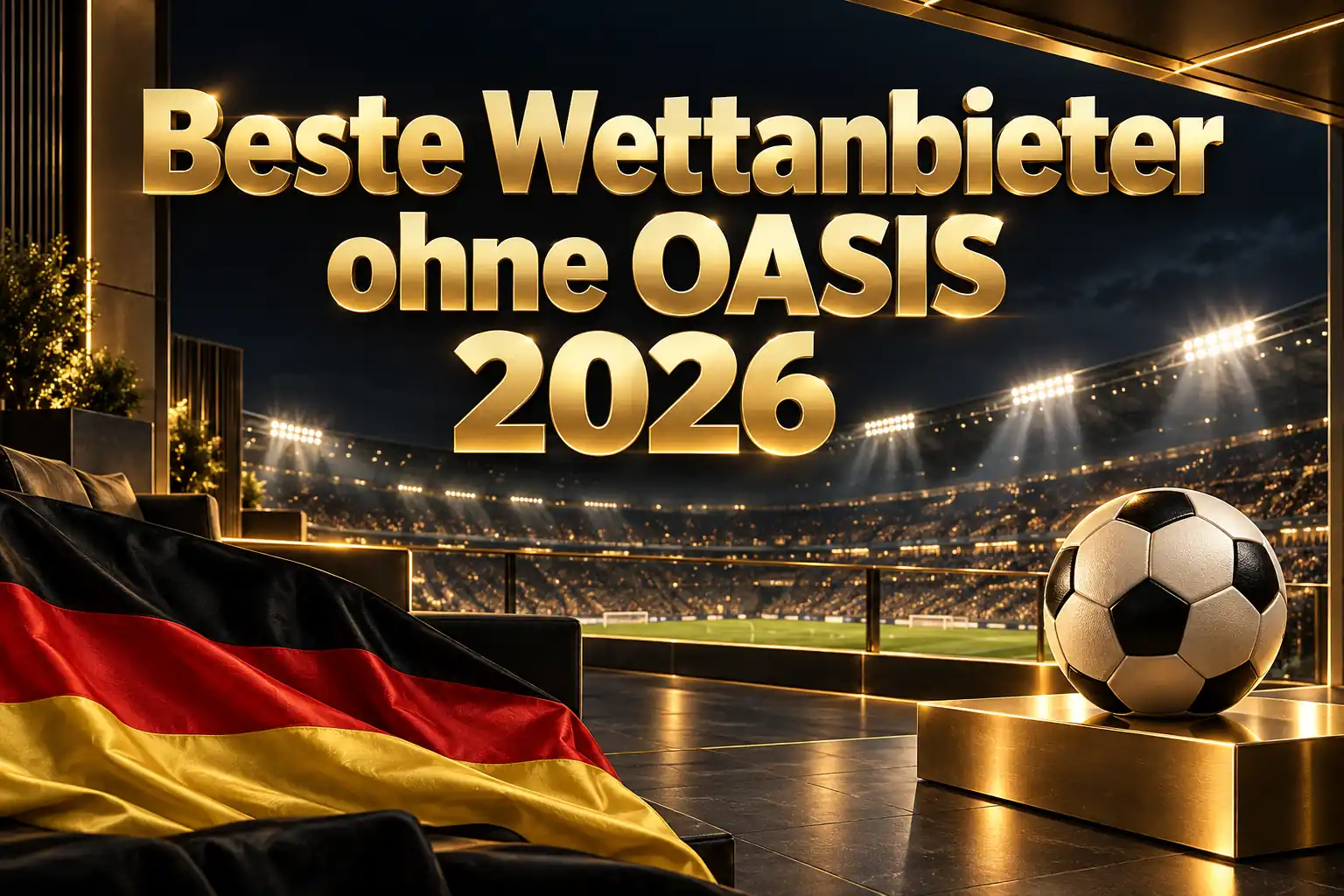 Beste Wettanbieter ohne OASIS 2026 – goldener Schriftzug über einer Stadionterrasse mit Fußball auf goldenem Podest und deutscher Flagge