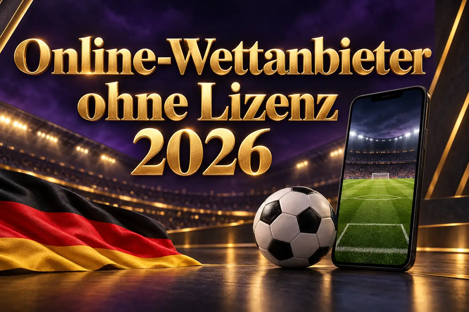 Online-Wettanbieter ohne Lizenz 2026 – goldener Schriftzug mit Smartphone, Fußball und deutscher Flagge vor einem violett beleuchteten Stadion