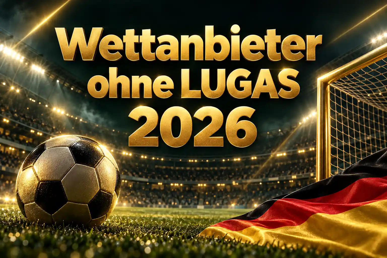 Wettanbieter ohne LUGAS 2026 – goldener Schriftzug mit Fußball, goldenem Tor und deutscher Flagge im beleuchteten Stadion
